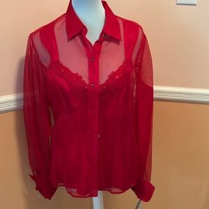 Elegant sheer red silk blouse, with faux rhinestone buttons/also camisole lining